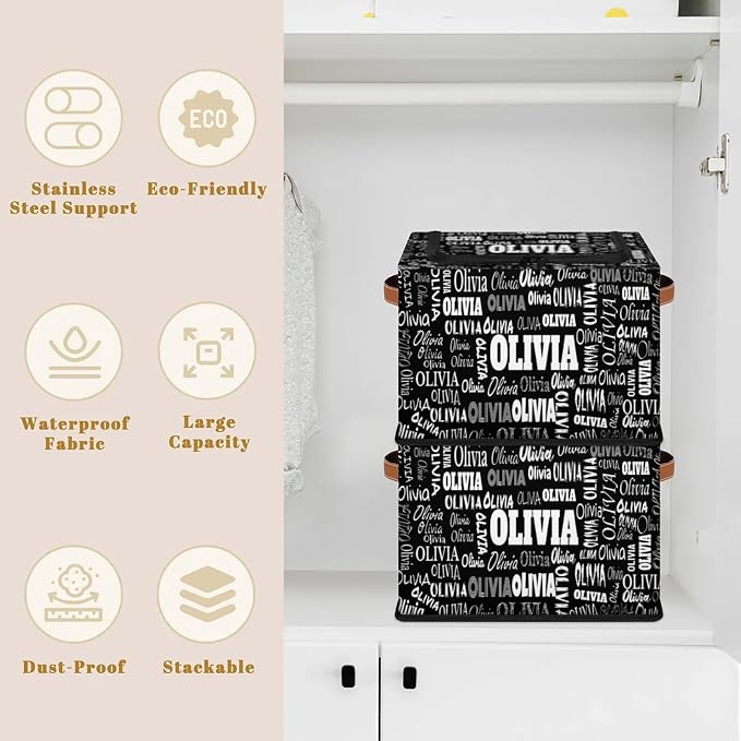 Custom Storage Baskets for Kids with Name, Large Solid Black Foldable Organizer Collapsible Storage Bin with Zipper Lid Leather Handle for Home Toys Closet Nursery