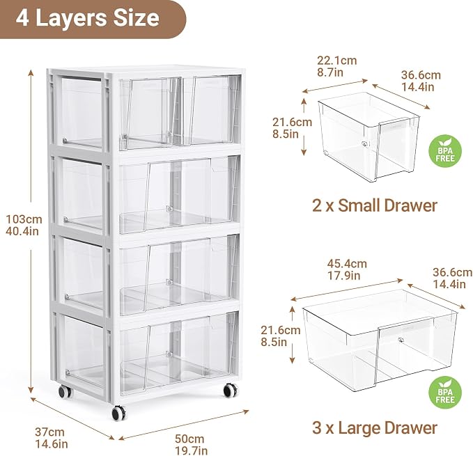 Extra Large Storage Drawer Cart, Storage Boxes 4 Tier-5 Drawer | With 1 Set Wheels, Stackable and Detachable Storage Unit, Home Kitchen Organizer for Art Craft Supplies Bedroom Bathroom