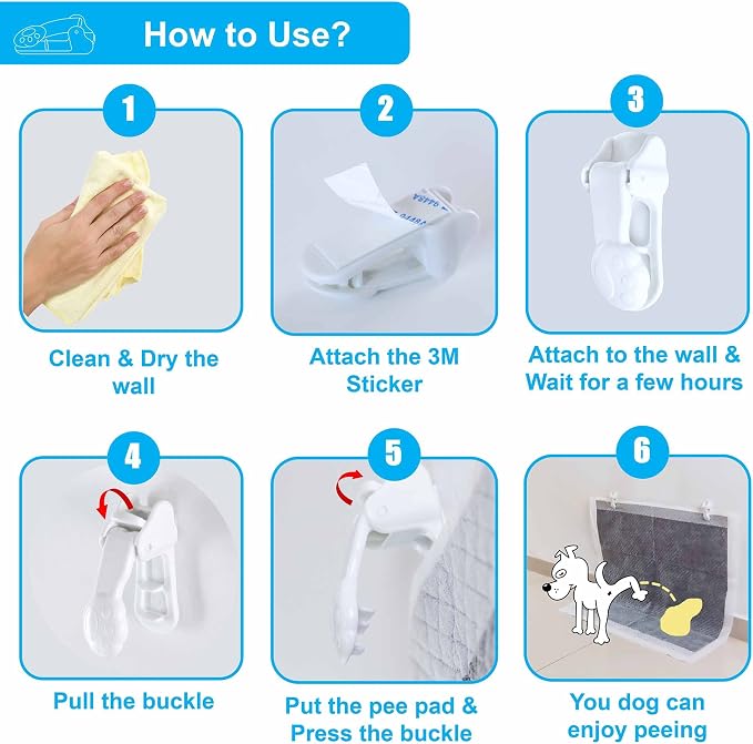 Dog Pee Pad Holders for Male Puppies, Potty Traning Pad Clips, White-6 Pack | Wall Clips for Male Dog or Leg-Lifting Puppy Indoor Toilet/Litter Box, for Small & Large Size Disposable/Reueable Wee Wee Pad