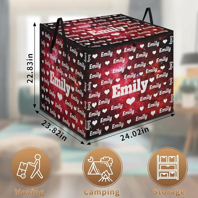 Personalized Name Large Storage Basket with Lid, Canvas Storage Bins Quilt Clothes Organizer for Bedroom, Kitchen, Bathroom, Nursery, Shelves, Closets, Love Heart Red Galaxy