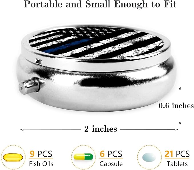 Pill Box, Small Pill Organizer with 3 Compartments and Mirror, Cute Round Portable Travel Metal Pill Case for Pocket or Purse, Privacy-Protecting Medicine Box-Black Blue Tree Leaves American Flag