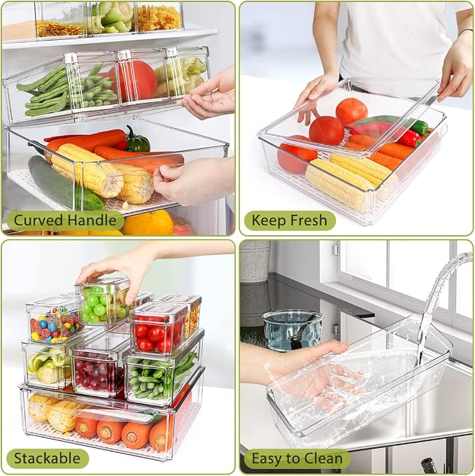 10 Pack Refrigerator Pantry Organizer Bins with Lids, Fridge Organizer Bins | BPA-Free Stackable Clear Plastic Food Storage Bins for Kitchen,Countertops,Cabinets,Fridge,Drinks,Fruits,Vegetables