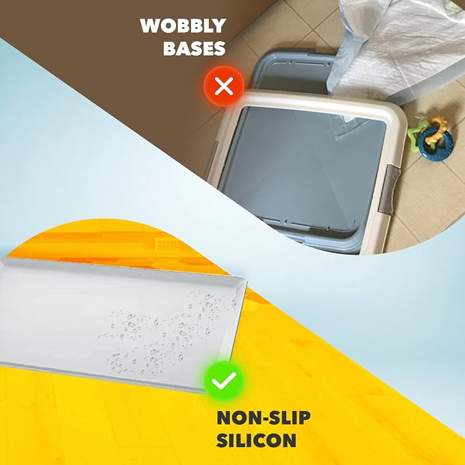 Dog Pee Pad Holder - Fits Up to 24” x 24” Pee Pad - 2 Pack - Grey | Stable Grip, Raised Edges, Quick-Wipe Silicone Surface Dog Potty Tray Holder for Indoor Flooring Protection