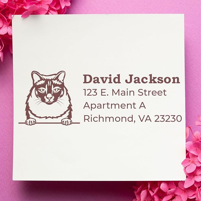 Peeking Balinese Cat Wood Handle Address Stamp - Custom Stamp for Mail | Laser-cut lettering. Custom Address Stamp Balinese Cat. Mailing Stamp for Pet Sitters. 7/8 by 2-1/4 inch imprint.
