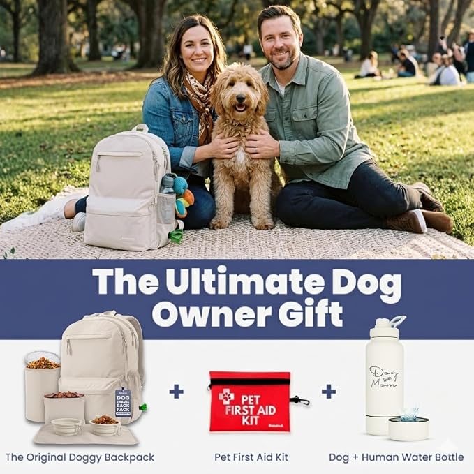 Dog Travel Backpack for Supplies - Dog Diaper Bag with Travel Bowls | 2 BPA-Free Bowls; Food Container & Treat Pouch; Placemat; Laptop Sleeve; Poop Bag Dispenser, Hiking, Camping & Road Trips,