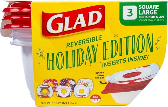 Glad GladWare Holiday Food Storage Containers, Large Square, 42 Oz, 3 Count | BPA-free plastic, reversible gift tags included, microwave, freezer, and dishwasher safe, 42 oz, gifting