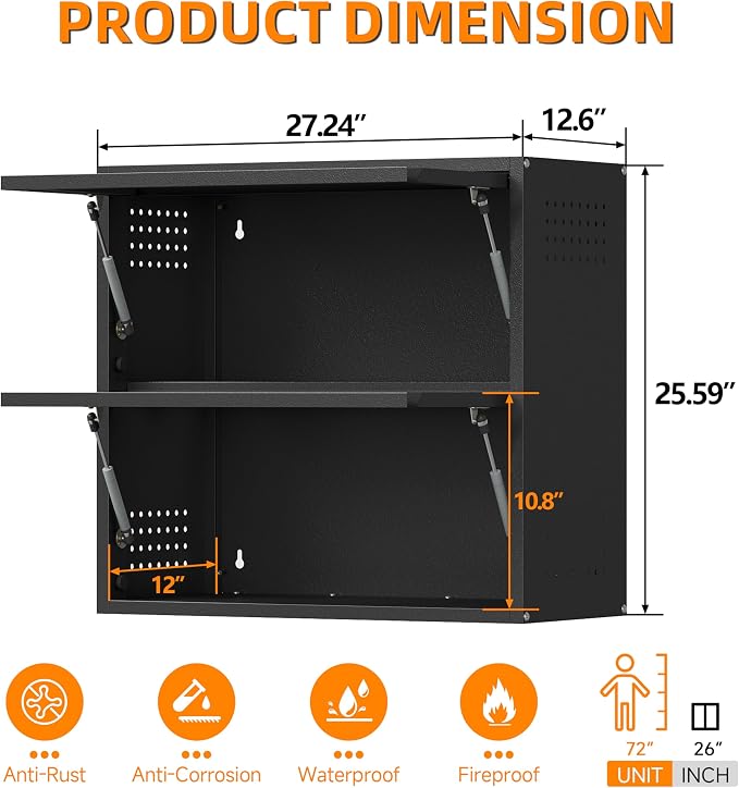 Garage Wall Cabinet, 25.6" H Metal Wall Cabinet with 2 Up-Flip Door | Wall Mounted Metal Storage Cabinet, Upper Cabinet for Kitchen,Garage,Workshop,Warehouse, Assembly Required, Black