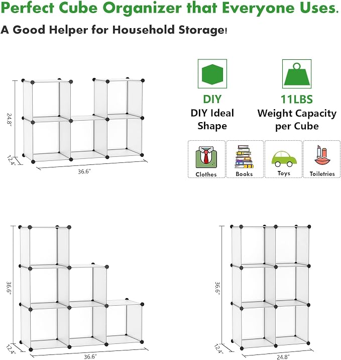 C&AHOME 6-Cube Storage Organizer Cube Shelf Closet Storage Bookcase, White | Stackable Cubby Storage, Bookshelf, Portable Plastic Storage Closet Organizer, DIY Modular Shelving Units for Home, Wardrobe