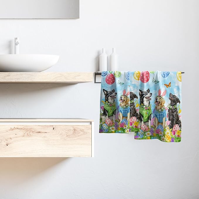 Giwawa Easter Dog Hand Towel Set of 2 Colorful Eggs Hunt Towel Spring Floral Funny Puppy Quick Drying Soft Dish Wash Tea Bar Cloth Decoration for Hotel Bathroom Gym Home
