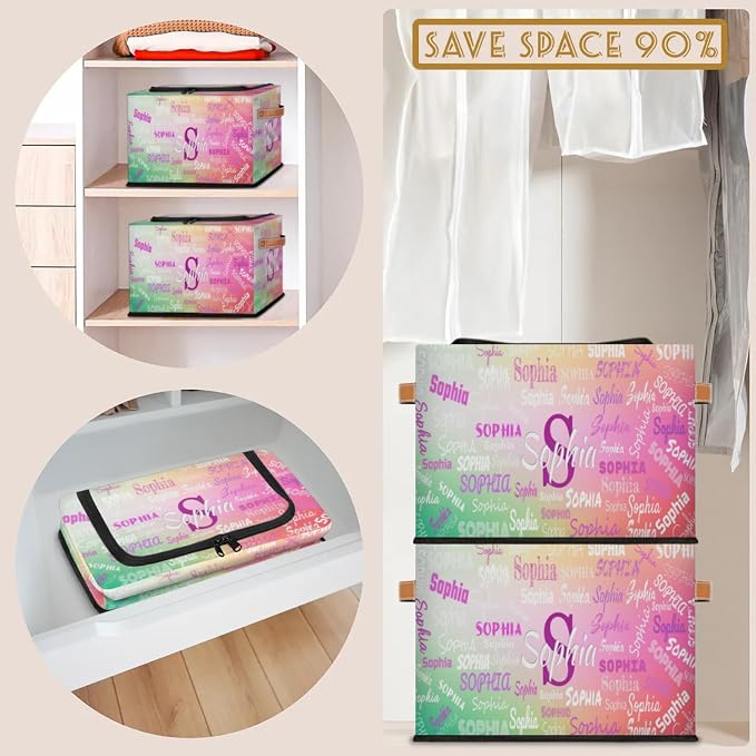Personalized Storage Bins with Zipper Lid, Customized Name Storage Basket Rectangle Clothes Organizer for Kids and Pets Toys Shelf Closet, Gradient Green with Pink Color