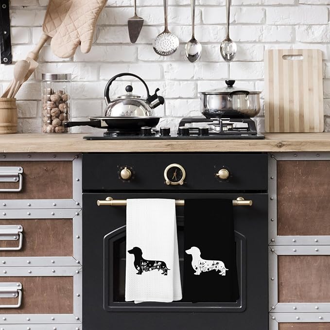 Black and White Dachshund Kitchen Towels, Weiner Dog Hand Towels Decorative Set of 2, Dachshund Home Decor Gifts for Women
