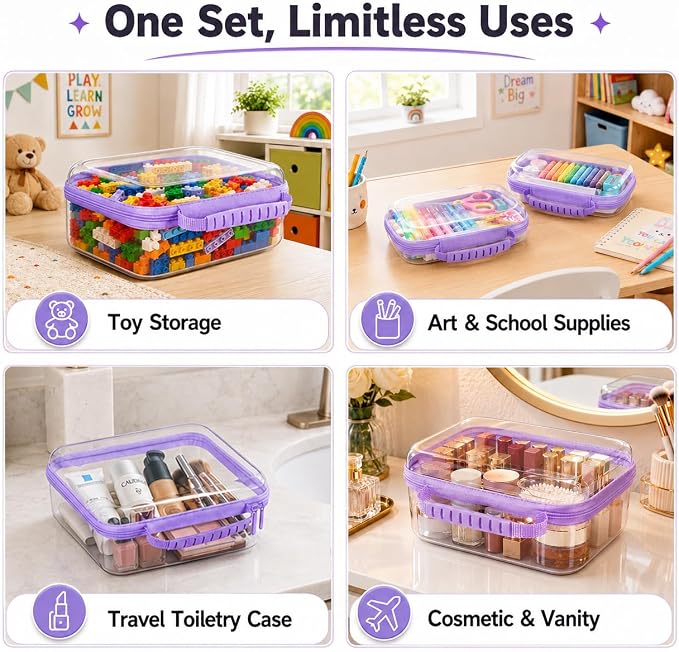 Clear Hard Shell Zipper Case 3PCS Set, 1.2mm PET Travel Organizer | Deep waterproof stackable storage pouches with handle. Heavy duty clear zipper bags for travel, makeup, toys and snacks