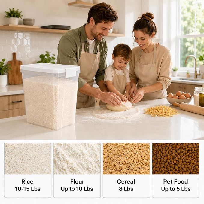 5-10 Lbs Airtight Cat Dog Food Storage Container, 8QT Compact Pet Food Bin | Plastic Food Container with Buckle-Lock Lid & Scoop for Dog, Cat, Bird Seed, Pet Food, Chicken, Dry Food, Rice, Cereal, Flour