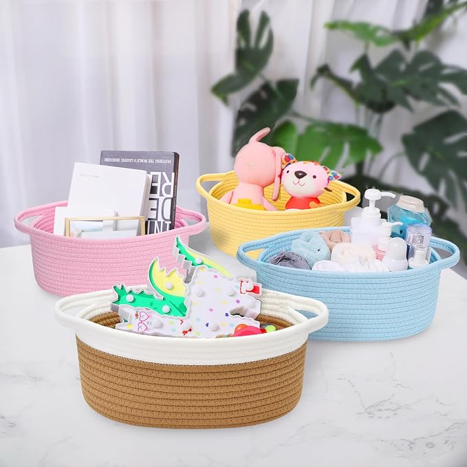 ABenkle Small Basket with Handles, Boho Decorative Rope Woven Dog Cat Toy Storage Bin Shelf Storage Organizer, Easter Christmas Gift Basket, 12"x8"x5", Brown