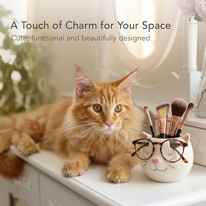 White Cat Eyewear Holder, Multi-Purpose Accessories for Makeup and Stationery, Compact and Cute