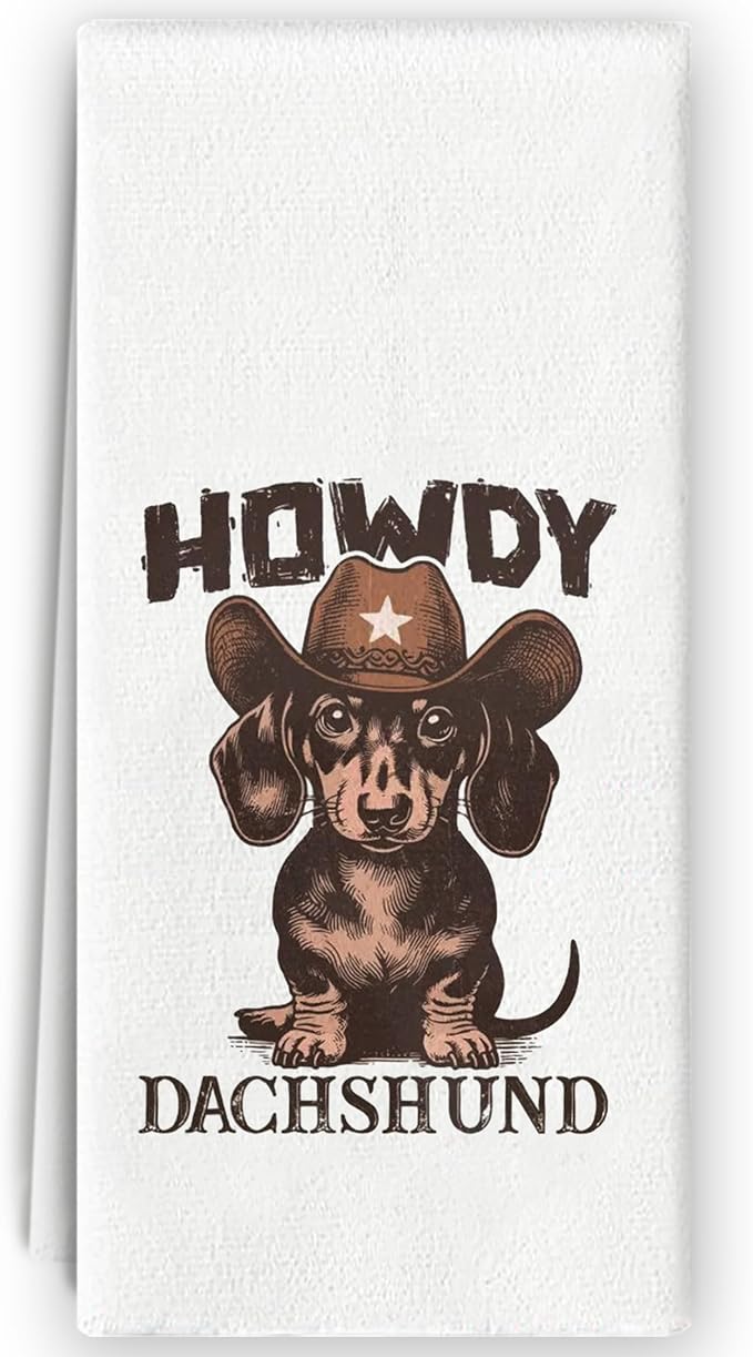 Howdy Dachshund Dish Towels - Dachshund Gifts for Women, Dachshund Decor, Dachshund Stuff, Western Dachshund Weiner Dog Microfiber Hand Towels for Bathroom Kitchen 16x24 Inch