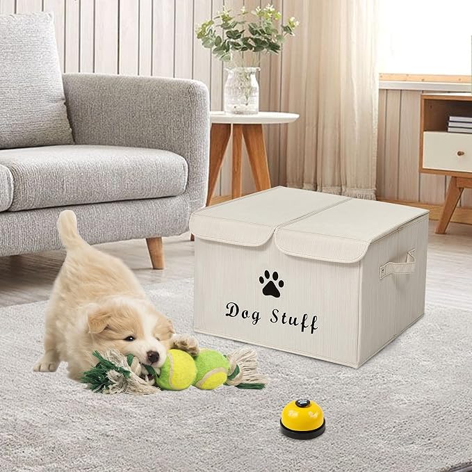 Large Storage Boxes - Large Linen Fabric Foldable Storage Cubes Bin Box Containers with Lid and Handles for Dog Apparel & Accessories, Dog Toys(BambooiBeige)