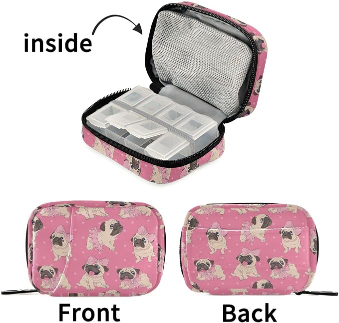 Fustylead Cute Cartoon Pugs Puppies in Pink Ballerina Tutu Bow and Dots Pill Organizer for Purse, Weekly Portable Pill Box with Zipper to Storage Vitamins Fish Oils Medications Supplements