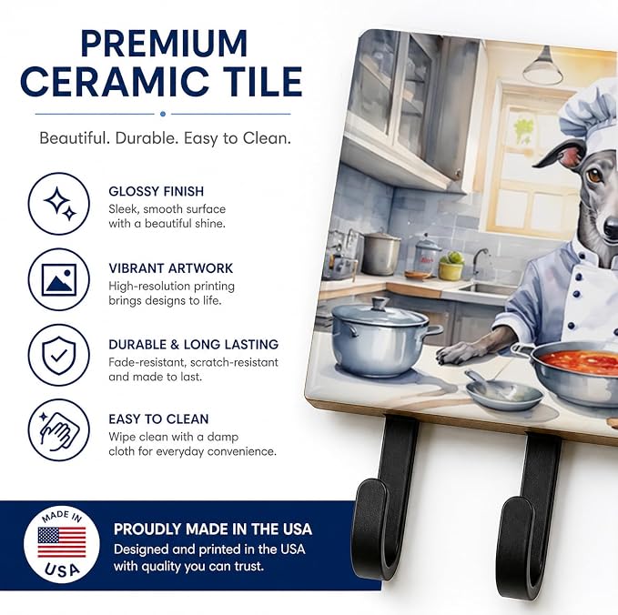 Caroline's Treasures Greyhound The Chef Leash or Key Holder Wall Hooks, Key Hooks Holder, Coat Rack Wall Mount, Coat Hooks, Hooks for Hanging Keys, Towels, Aprons, Leashes | Greyhound The Chef artwork on ceramic tile with three steel hooks for keys, le...