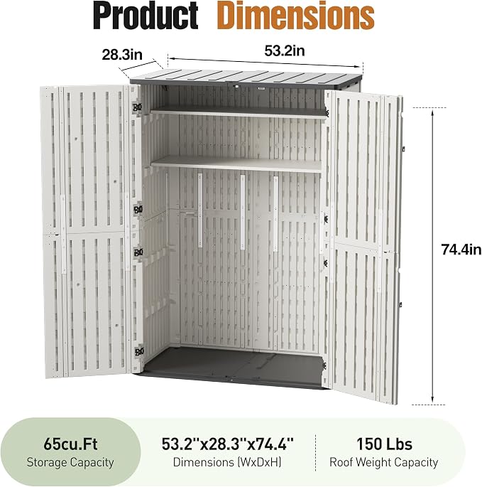 65 Cu.Ft Resin Outdoor Storage Shed with 2 Shelves & Floor, Weatherproof Plastic Vertical Outdoor Storage Cabinet for Garden Backyard Patio Pool Tool