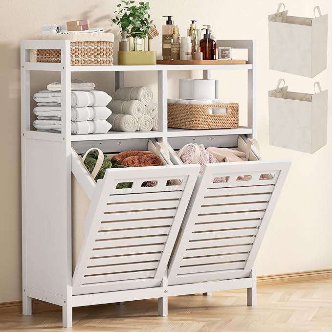Homykic Tilt Out Laundry Hamper Cabinet, Bamboo Laundry Organizer, White | 20 Gal Laundry Sorter with 2 Removable Liner Bags, Hidden Clothes Hamper with Shelf for Laundry Room, Bathroom, Closet