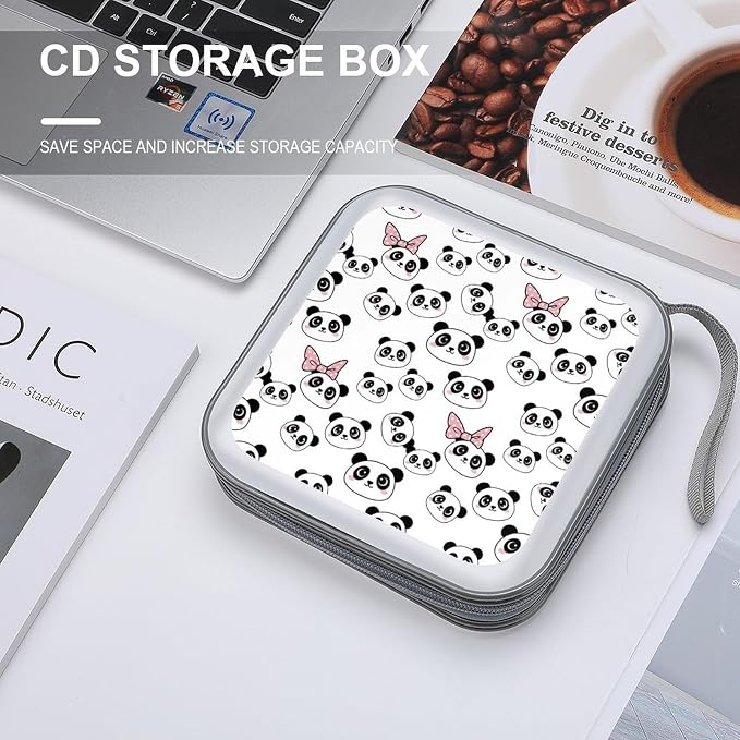 Portable CD Holder Case with Strap Pandas Animal, 40-Capacity Hard Plastic Storage Binder, Protective Wallet for Car Office Travel