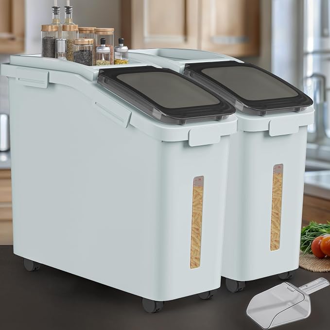 YITAHOME Ingredient Storage Bin, Large Commercial Rice Container with 11.4 Gallon Capacity, Bulk Flour Bin with Wheels, Scoop, Lid, and Scale for Kitchen,2count, Grey