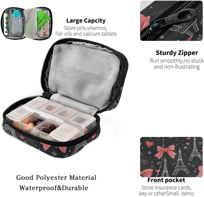 Fustylead Hand Draw Eiffel Towers Hearts Stars Red Bow Tie Travel Pill Organizer Bag with Zipper Small Pill Box 7 Day Pill Case for Purse Storage Weekly Vitamin Medicine Supplement