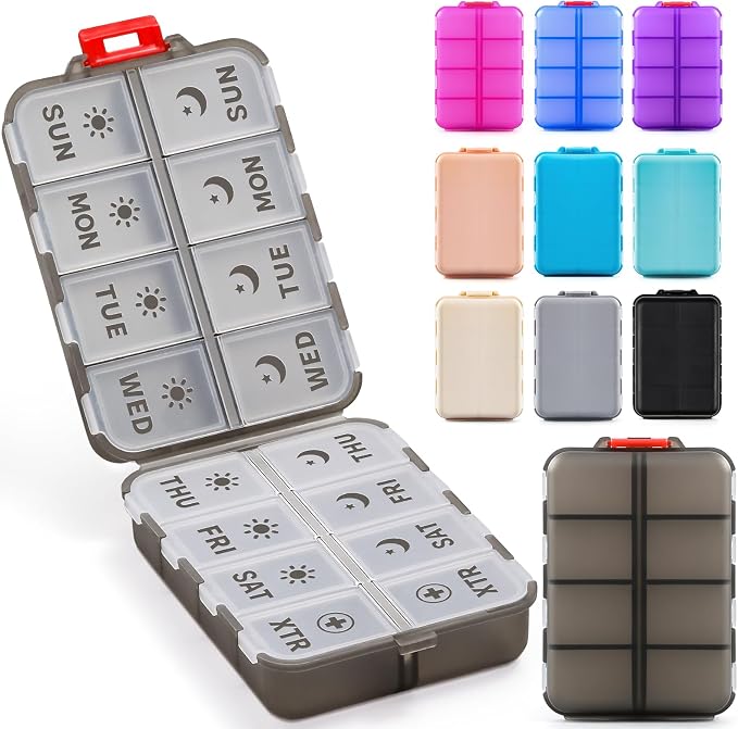 Foldable Weekly Pill Organizer 2 Times a Day with 2 Extra Compartments - Etched Label - Portable 7 Day AM PM Medicine Box, Week Daily Travel Pill Case Holder for Meds, Vitamin, Supplement, Clear Black