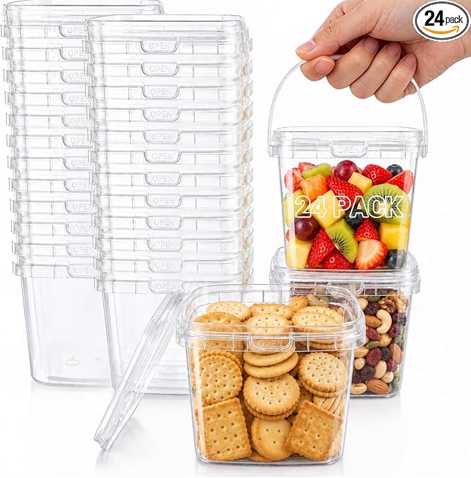 METAPACK 16.9 fl oz/500ml Square Food Storage Container with Lid and Handle | Stackable Containers for Candy, Desserts, Party Favors, Kids Snacks, Kitchen Organization and Portable Food Storage