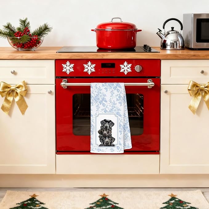 Blue and White Chinoiserie Black Labrador Retriever Kitchen Towels 16x24 in, Black Lab Gifts, Grandmillennial Toile De Jouy Floral Dog Decorative Hand Tea Dish Towels for Bathroom Kitchen