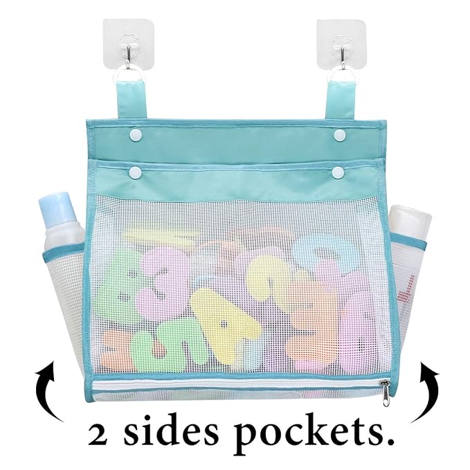 Muchfun Bath Toy Organizer Multiple Ways to Hang | Extra Large Opening Bathroom Toy Holder, Bottom Zipper Bathtub Toy Storage Bag (Blue)