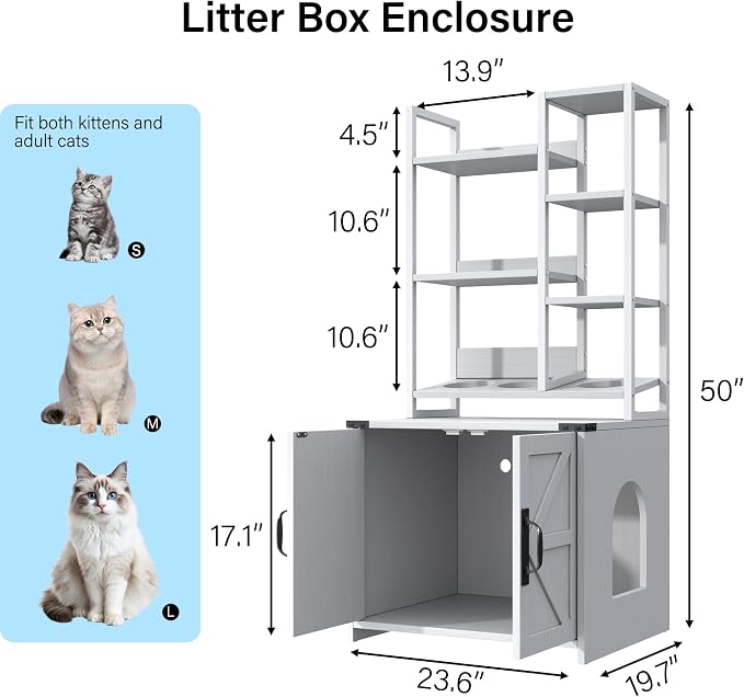 Saudism Cat Litter Box Enclosure with Feeding Station, Tall Cat Litter Box Furniture Hidden with 4-Tier Storage Shelves, Farmhouse Cat LitterBox Cabinet with Barn Door for Living Room, Bedroom, White