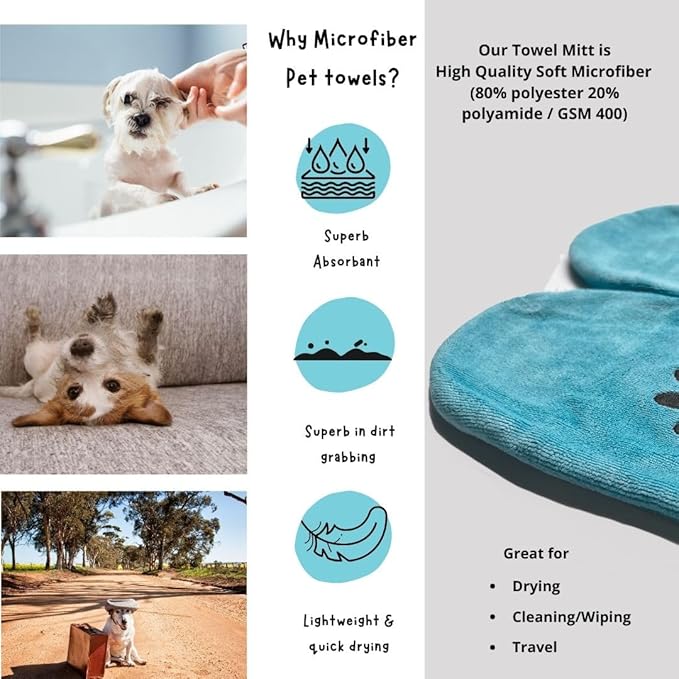 Penny & Niko Microfiber Pet Towel Mitts - Paw Cleaning and Drying Mitts/Gloves for Dogs and Cats (Sky Blue, Standard - 2 Pack)
