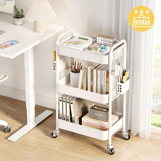 TOOLF 3 Tier Rolling Cart, Metal Utility Storage Cart with Pegboard, White | 2 Bins & 4 Hooks, Screwless Assembly, Lockable Wheels, Trolley Organizer for Bathroom, Kitchen, Office, Dorm, Craft Room