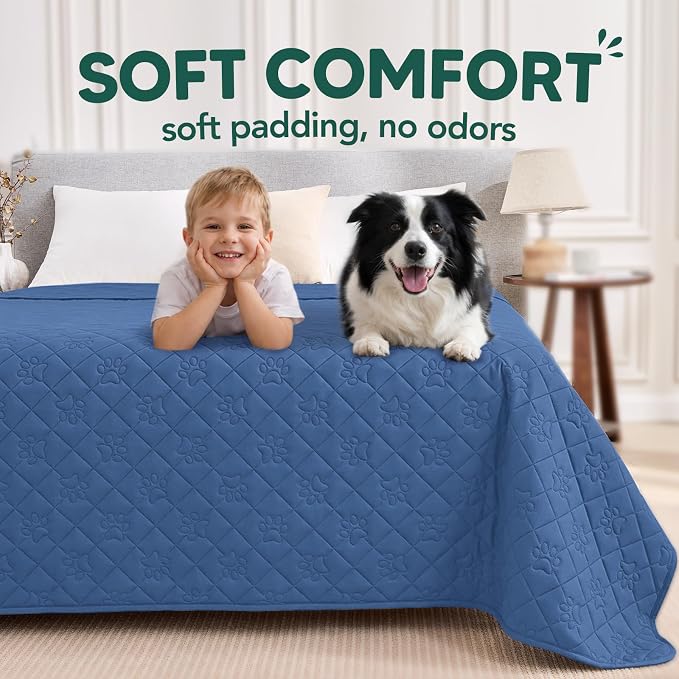 PAWFINITY Waterproof Bed Cover for Dogs, Pet Blanket for Mattress Washable | Paw Print Quilted, Hair Resistant, Anti Cat Scratch, Pee Proof Furniture Protector for Queen Size Bed, 68x82 Inch, Blue
