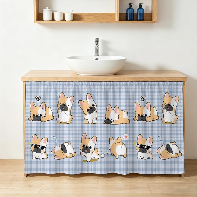 Cute Puppy Cabinet Curtains 28"x51" Sink Skirt for Bathroom Kitchen, Blue Purple Plaid Modern Funny Dogs Pet Self Stick Adhesive Under Desk Covers Tall Laundry Cabinet Storage Organizer
