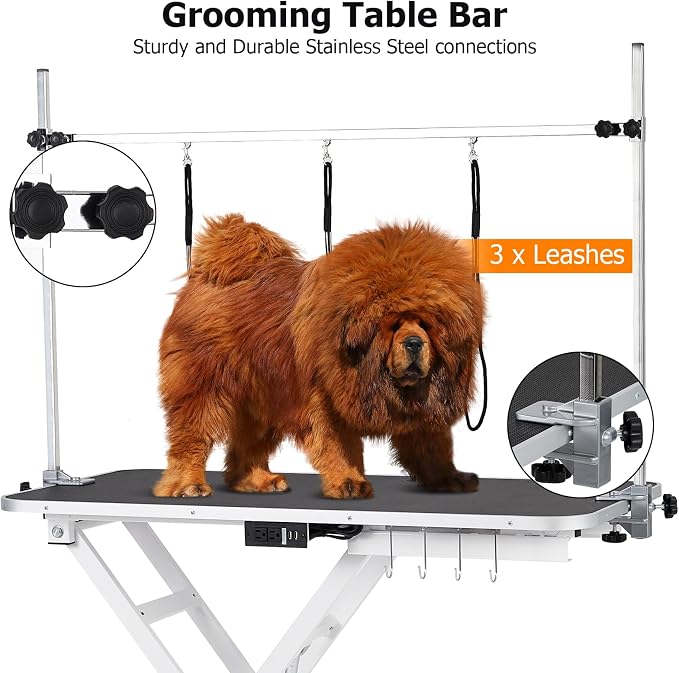 50" Electric Dog Grooming Table, 9"-40" Height Adjustable Heavy Duty Pet Grooming Table with Anti Slip Tabletop, 3 Grooming Noose, Tool Organizer, for Dogs & Cats, White