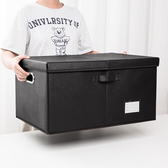 Collapsible Storage Box with Lid [3-Pack] Leather Fabric Foldable Storage Bin Organizer Container Basket Cube with Cover for Home Bedroom Closet Office Nursery Black(22.8X15.7X11.8)