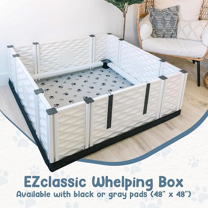 EZclassic Large Dog Whelping Box with Rails, 48x48x18 in, Gray Pad | Large 48x48 whelping box with puppy safety rails, waterproof gray pad, sturdy easy-clean build, and portable tool-free setup