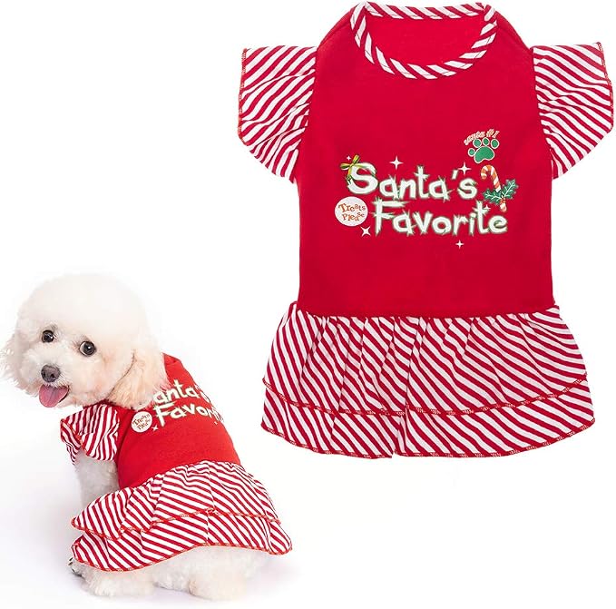 Dog Christmas Dress for Small Dogs,Puppy Costumes Pet Clothes Holiday Girl Dogs Shirt with Santa's Favorite Pattern,Party Dog Vest Dresses Cat Apparel Sweater Warm Skirt