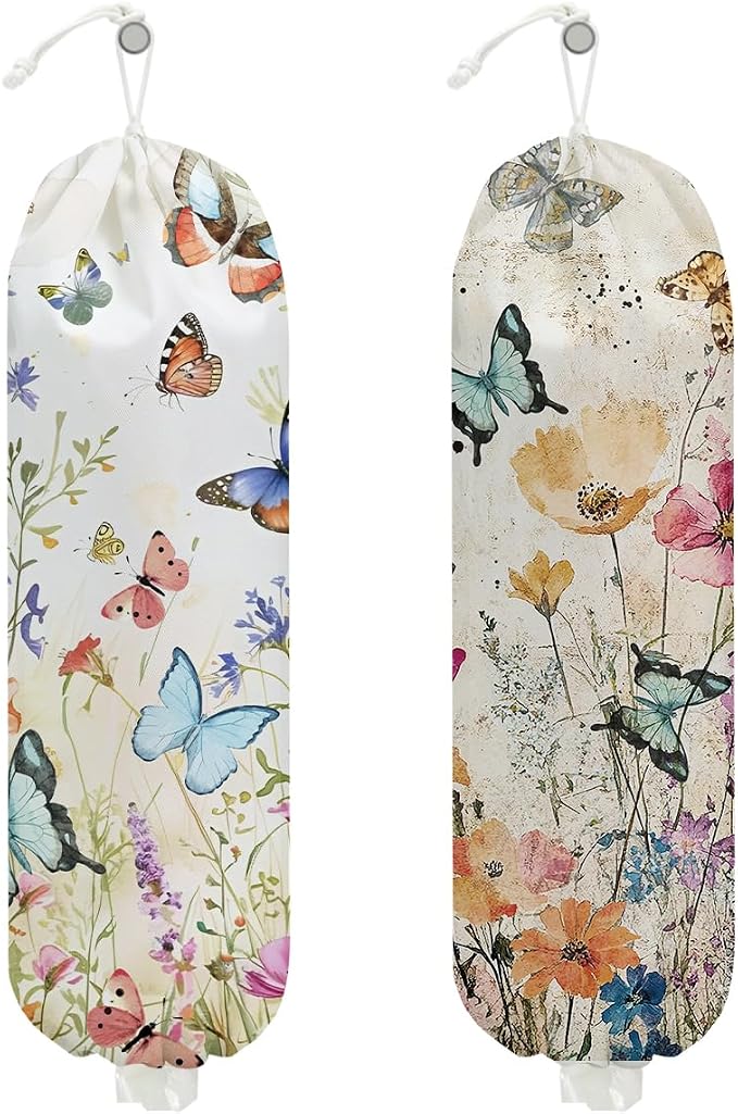 2 Pcs Vintage Floral Plastic Bag Holder, Wall Mount Trash Bag Holder | Summer Floral Colorful Butterfly Reusable Grocery Bags Storage Dispenser for Home Kitchen Pantry, Butterfly Gifts for Women