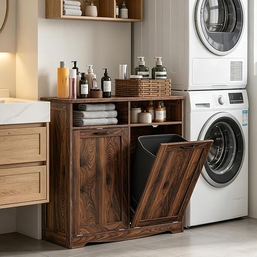 HOOBRO Double Tilt Out Trash Can Cabinet, 20 Gallon Kitchen Trash Bin Cabinet, Hidden Trash Storage with Open Compartments, Hidden Laundry Hamper, for Kitchen, Laundry, Walnut WL04LJ01