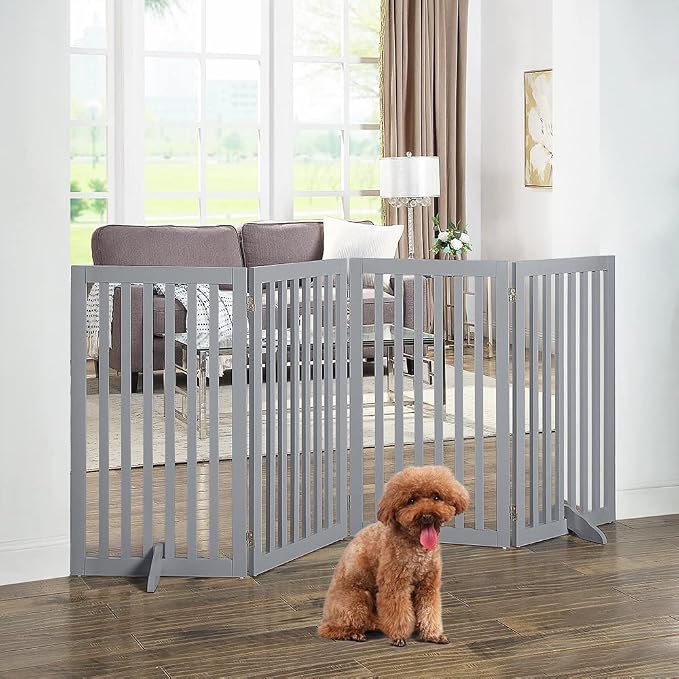 unipaws 36”H Free Standing Pet Gate for Dog Cat, 80”Wide Wooden Dog Gates | Foldable Pet Fence for Doorway, Stairs, Step, Expandable Doggy Barrier, Indoor Use