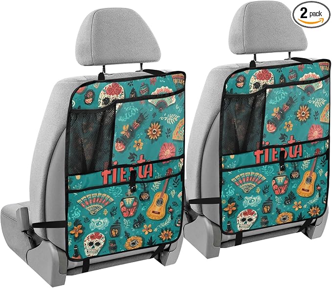2 Pack Back Seat Car Organizer with Storage Pockets Kick Mats Back Seat Protector Hanging Car Organizer Automotive Seat Back Cover Organizers Fiesta Mexican Green Skulls Guitars Flowers