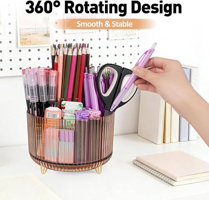 360 Rotating Pen Pencil Holder for Desk, Pen Organizer with 5 Slots | Makeup Brush Holder, Desk Organizer and Accessories, Cute Pencil Cup Caddy for Office School Home Decor Art Supply (Amber)