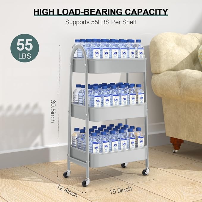 3 Tier Utility Rolling Cart, Metal Storage Cart with Handle and Lockable Wheels, Multifunctional Storage Organizer Trolley with Mesh Baskets for Kitchen, Living Room, Office, Garage (Grey)
