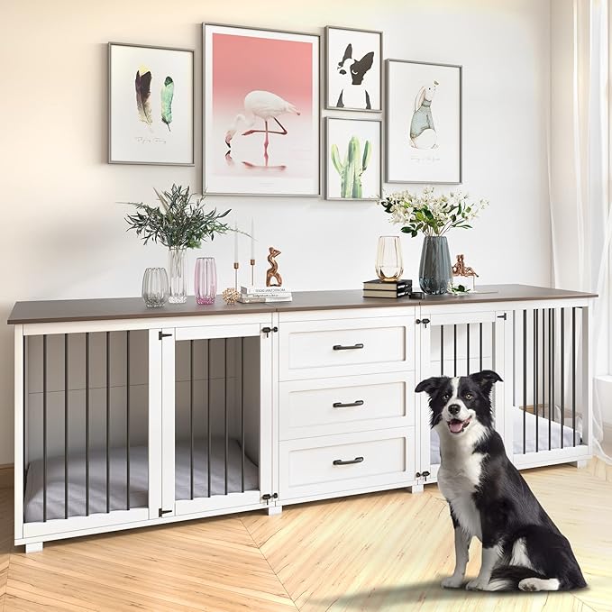 Furniture Style Dog Crate - Farmhouse Wooden Dog Kennel Furniture with 3 Drawer, Double Doors with Locks, 95"x23"x32"H, White