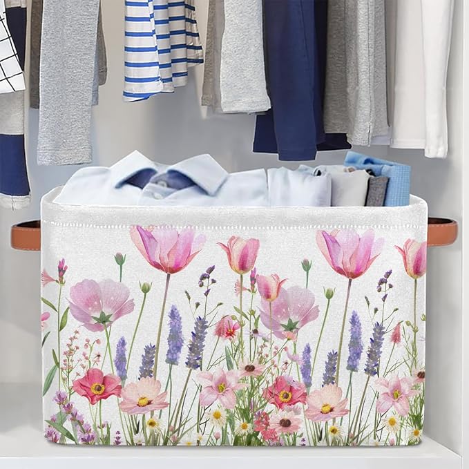 Pardick Basket Storage Bins Flower Floral Pink Rectangle Cube Basket Box Kids Girls Boys Toys Organizer Beaket Decor Foldable with Handle for Living Room Bedroom Closet Nursery Office Shelf Gifts