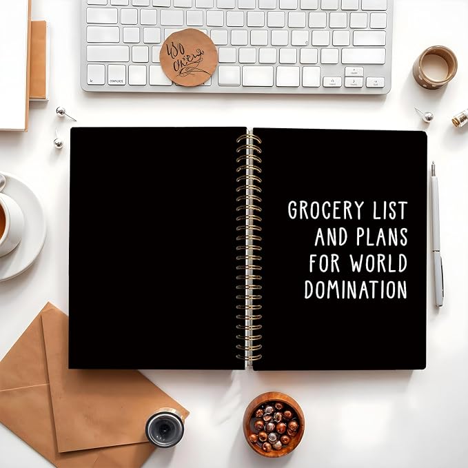Grocery List Plans World Domination Funny Notebooks Journal | Funny Gag Office Gifts for Coworkers, Office Notebooks, Funny Office Supplies, Black Hardcover Spiral Notebook 5.5x8.3 In